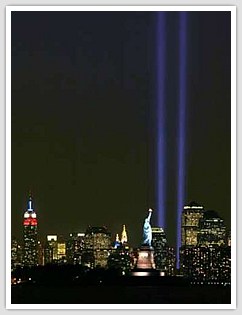 lights in the New York skyline representing the twin towers destroyed on september 11, 2001