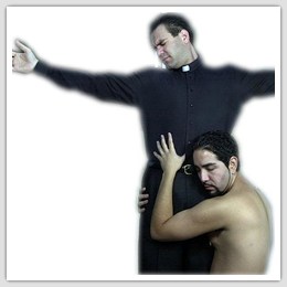 priest with his arms wide as a nude man hugs him