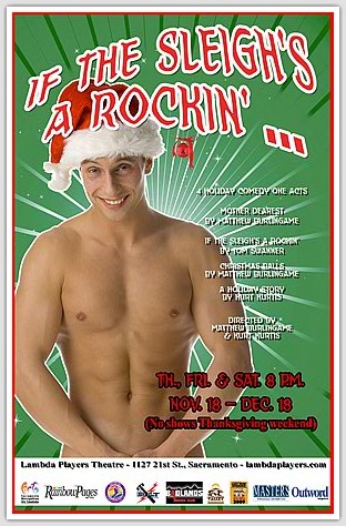 play poster with naken man in Santa hat