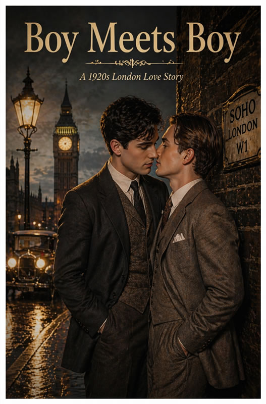 two young men about to kiss on the streets of 1920s London