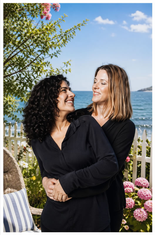 two women embracing on a patio by the ocean